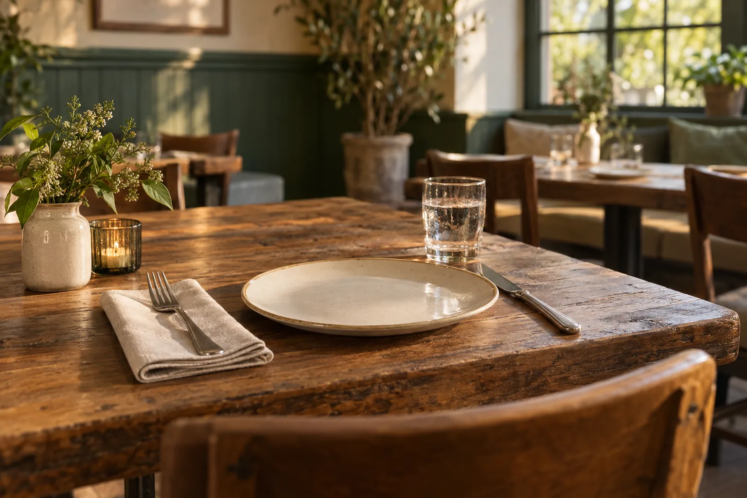 Illustration of a warm casual dining scene with plates on a set table